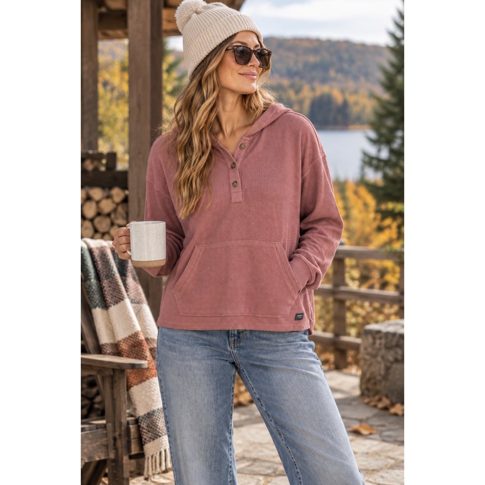 Toad&Co Foothill LS Hoodie Waffle Knit Henley Mauve Pink T1082202 Large